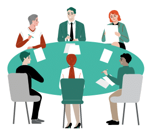 Groupe de dirigeants autour d'une table, en pleine séance de Codéveloppement