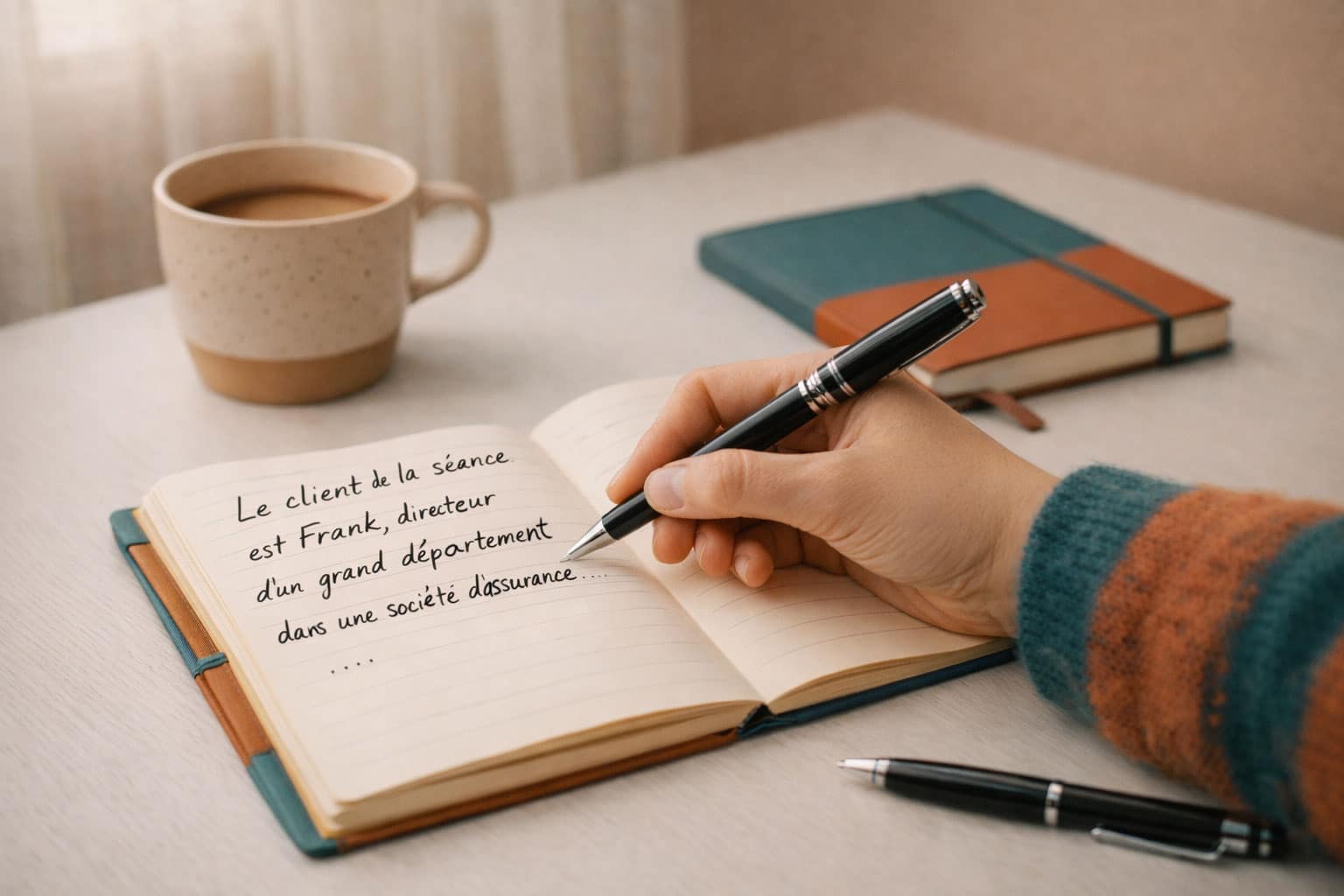 Main écrivant dans un carnet avec une tasse de café