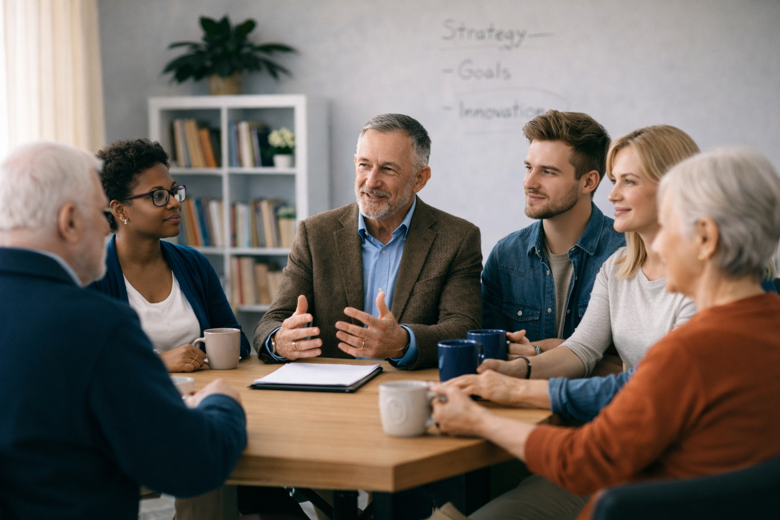 Groupe de dirigeants autour d'une table, en pleine séance de Codéveloppement