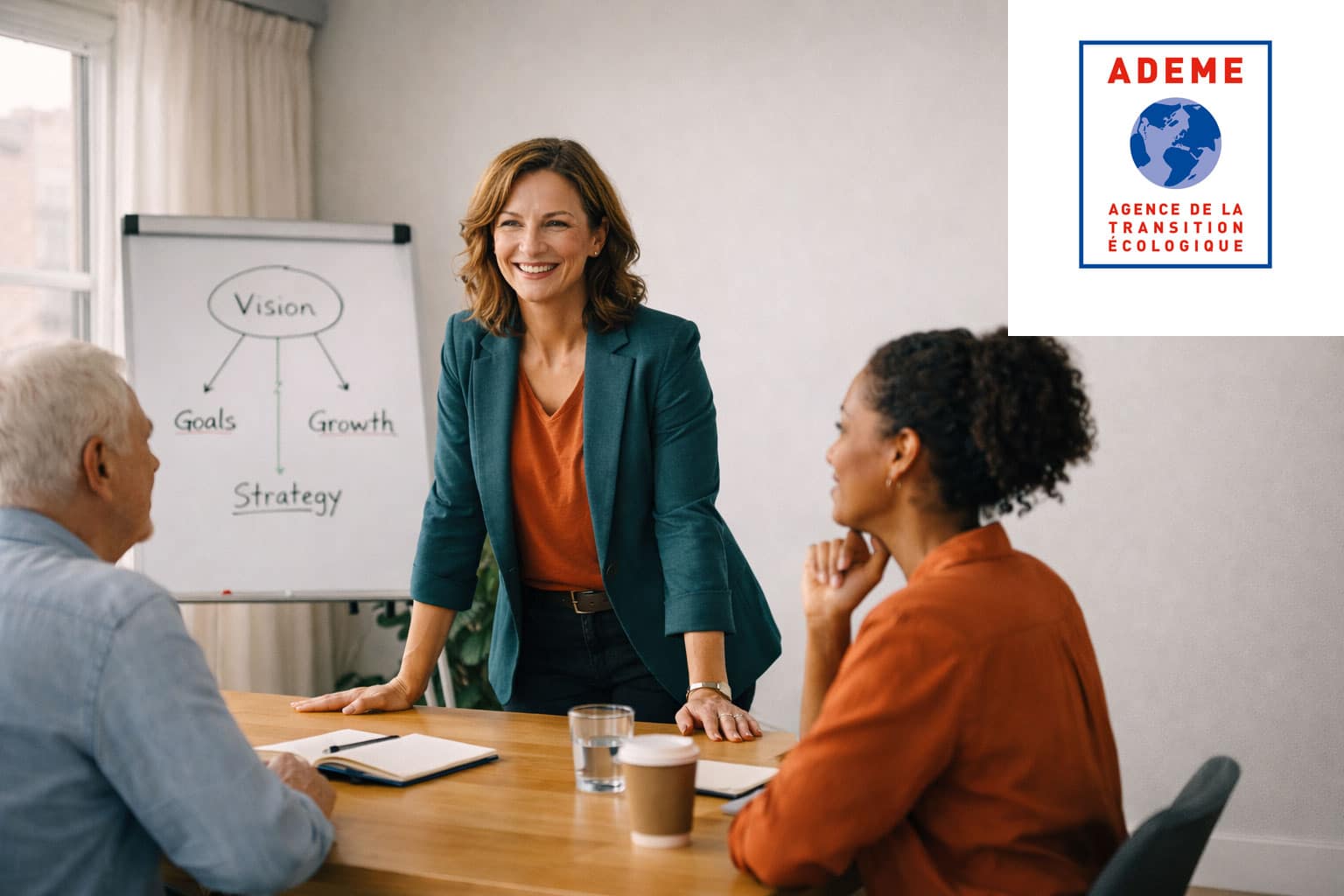 etude-cas-ademe Formatrice animant une session de codéveloppement devant un tableau